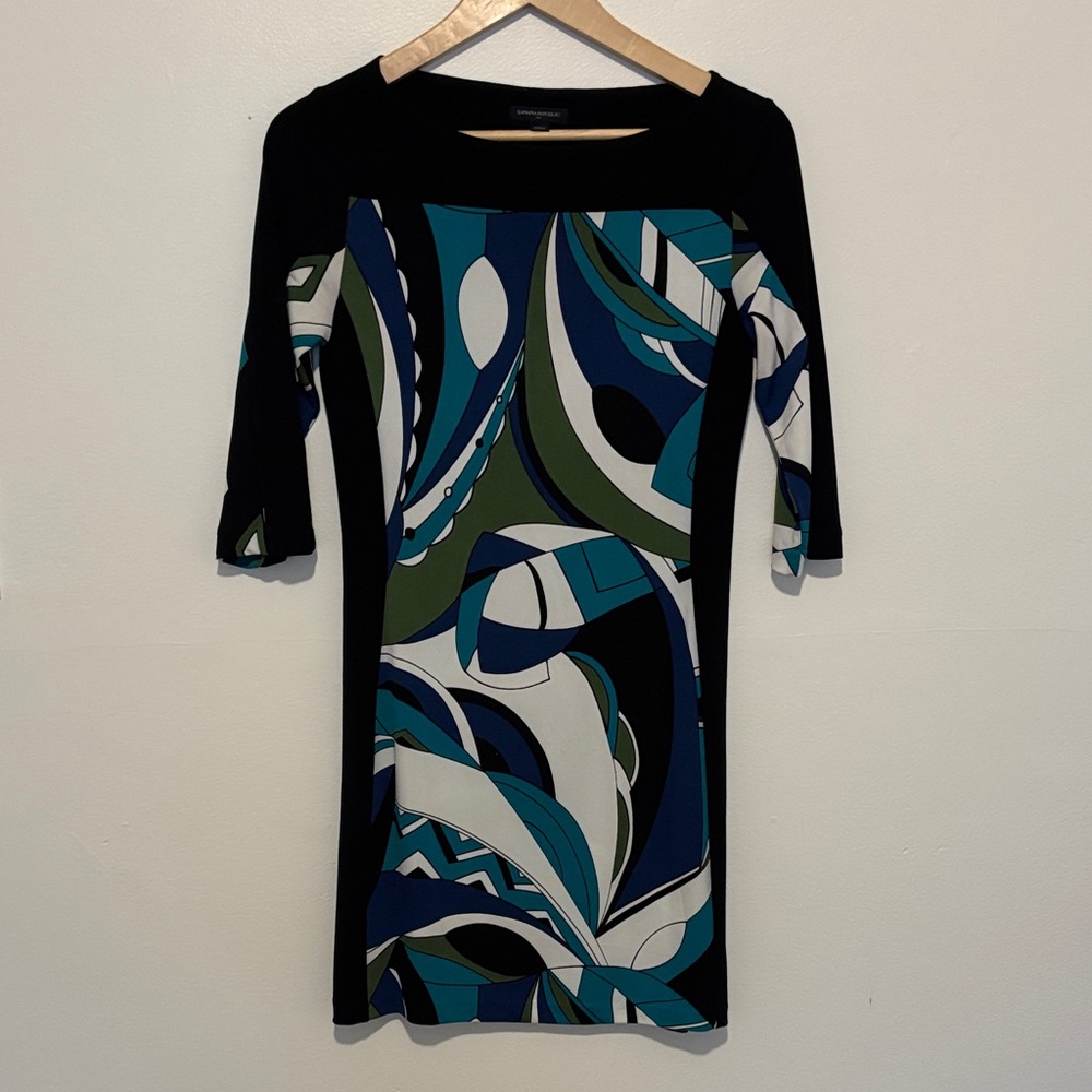 Banana Republic Blue Green Abstract 3/4 Sleeve Dress